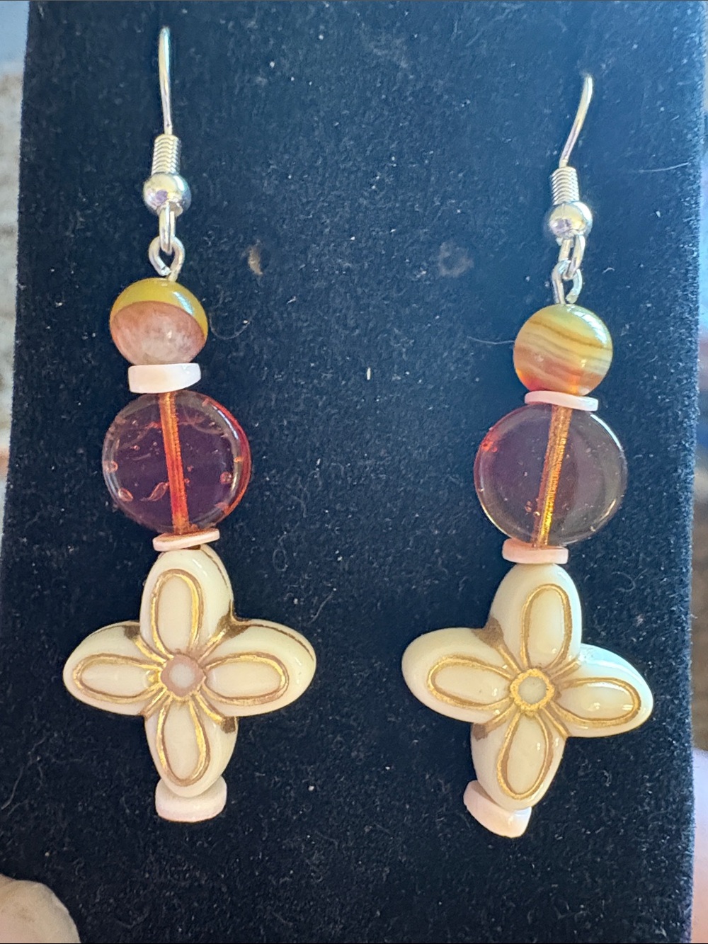 Hand Crafted Cream and Carnelian Floral Bead Drop Earrings